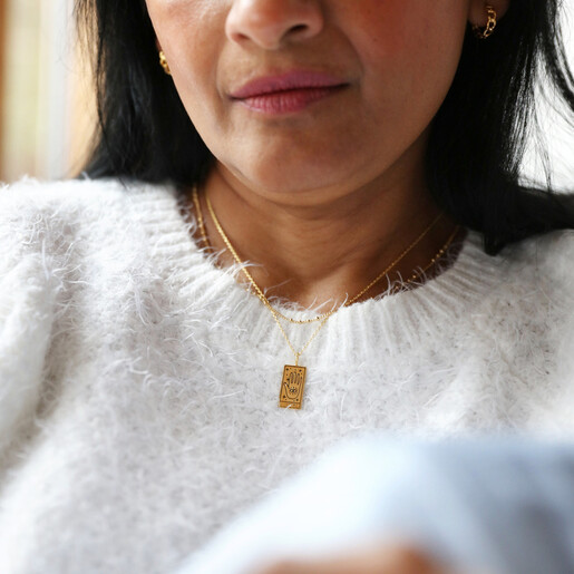 Necklace on Model Gold 'Fortune' Tarot Card Pendant Necklace on Model