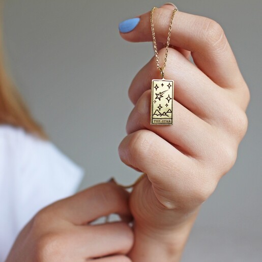 Model Wearing Lisa Angel Ladies' Gold 'The Star' Tarot Card Pendant Necklace