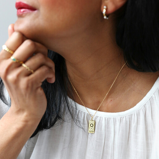 Gold 'The Sun' Tarot Card Pendant Necklace on Model