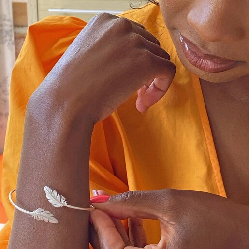 Bangle on Model Silver Feather Bangle on Model