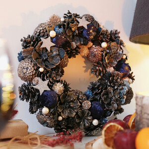 Navy Blue Pinecone and Flower Wreath