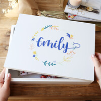 Personalised Colourful Wreath Large White Wooden Box