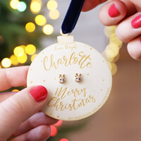 Crystal Reindeer Stud Earrings on Personalised Wooden Bauble
