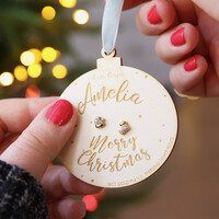 Santa Hat and Stocking Stud Earrings on Personalised Wooden Bauble