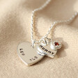 Delicate Personalised Sterling Silver Double Heart and Birthstone Charm Necklace