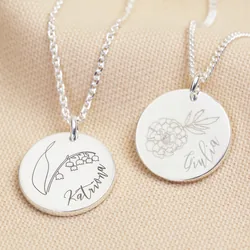 Personalised Sterling Silver Birth Flower Disc Necklace
