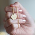 Personalised Gold Hammered Starry Disc Necklace with Model