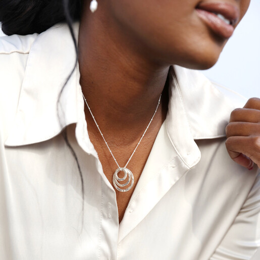 Personalised Sterling Silver Double Halo Necklace on Model