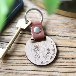 Personalised Wooden Birth Flower Leather Strap Keyring