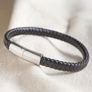 Men's Black Woven Vegan Leather Bracelet with Shiny Clasp