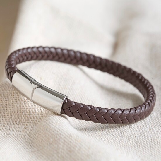 Men's Brown Woven Vegan Leather Bracelet with Shiny Clasp - Medium