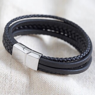 Men's Layered Vegan Leather Straps Bracelet in Black