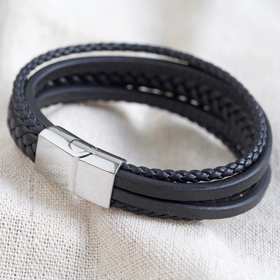 Men's Layered Vegan Leather Straps Bracelet in Black | Lisa Angel