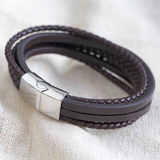 Men's Layered Vegan Leather Straps Bracelet in Brown