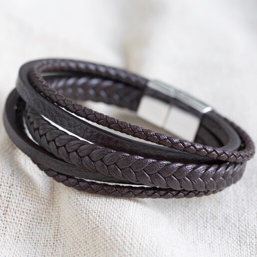 Men's Layered Vegan Leather Straps Bracelet in Brown