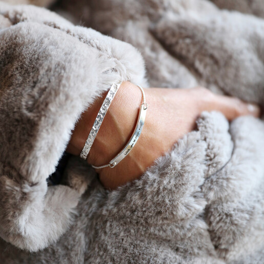 Personalised 'Handwriting' Box Chain and Curved Bar Bracelets on Model