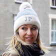 Embroidered Initials Soft Knit Pom Pom Beanie Hat in Grey on Model