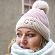 Embroidered Initials Soft Knit Pom Pom Beanie Hat in Pink on Model
