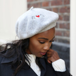 Personalised Embroidered Heart & Initials Grey Beret