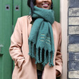 Personalised Embroidered 'I Am' Recycled Oversized Scarf in Green on Model