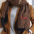 Personalised Embroidered Year Animal Print Blanket Scarf in Camel on Model