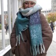 Personalised Embroidered Year Blue Block Stripe Blanket Scarf on Model