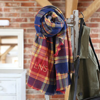 Personalised Embroidered Blue and Red Tartan Scarf