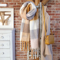 Personalised Embroidered Initials Mustard and Pink Check Blanket Scarf