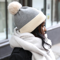 Soft Knit Pom Pom Beanie Hat in Grey