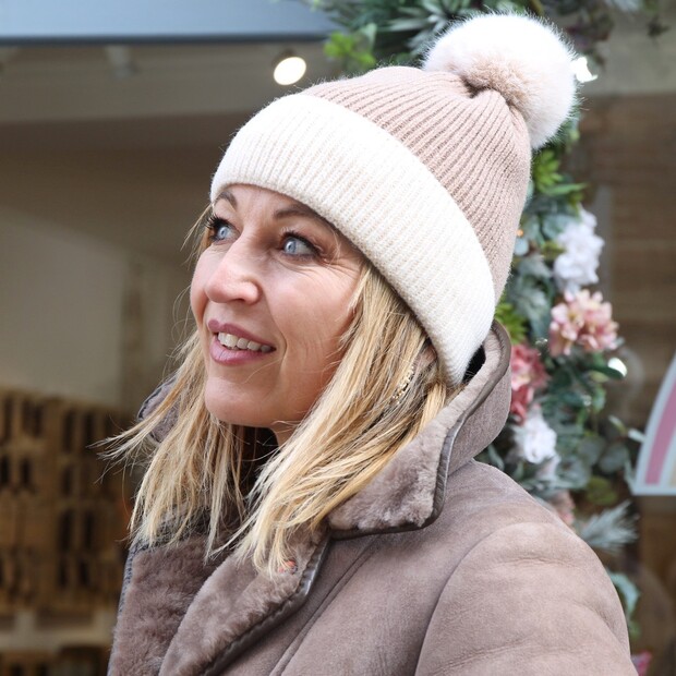 beige pom pom beanie