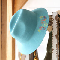 Powder Embroidered Leaf Fedora Hat in Teal