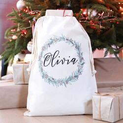 Personalised Wreath Small Drawstring Christmas Sack