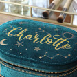Close Up of Personalisation on Teal Personalised Starry Night Velvet Oval Jewellery Case