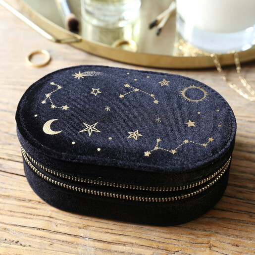 Starry Night Velvet Oval Jewellery Case in Black