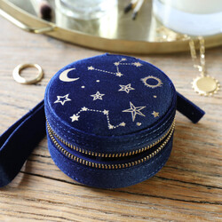 Starry Night Velvet Mini Round Jewellery Case in Navy