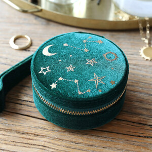 Teal Starry night printed velvet round jewellery case