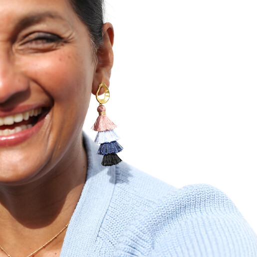 Model Wearing Lisa Angel Ladies' Triple Layer Tassel Earrings in Pink & Blue