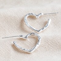 Organic Finish Small Heart Hoop Earrings in Silver