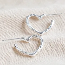 Organic Finish Small Heart Hoop Earrings in Silver