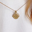 Model Wearing Lisa Angel Ladies' Engraved Gold Framed Sixpence Coin Pendant Necklace