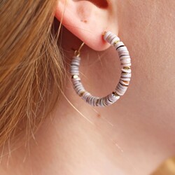 Grey Shell Bead Hoop Earrings in Gold