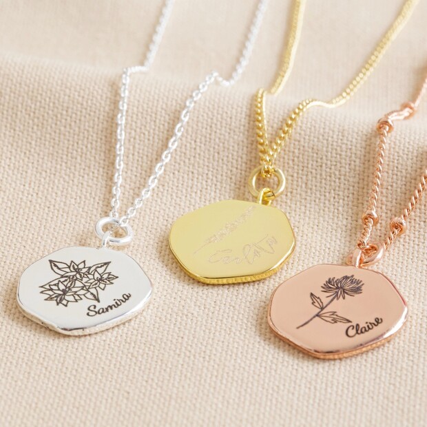 Personalised Birth Flower Organic Shape Charm Necklace Personalised Birth Flower Organic Shape Charm Necklace