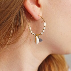 White Bead and Shell Hoop Earrings