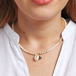 White Beaded Shell Charm Necklace