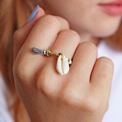 White Beaded Stretch Ring with Shell Charm