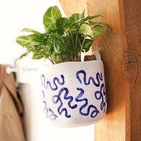 White and Blue Hangable Ceramic Planter, H13cm