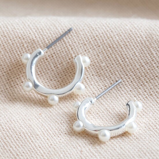 Silver Pearl Edge Hoop Stud Earrings