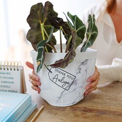 Personalised Thank You Round Marble Paper Plant Pot, H18/20cm