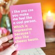 Model Holds Cheesy Beans Greeting Card
