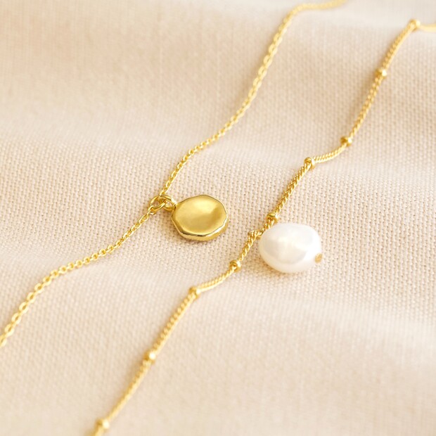 Set of Two Freshwater Pearl and Disc Anklets in Gold